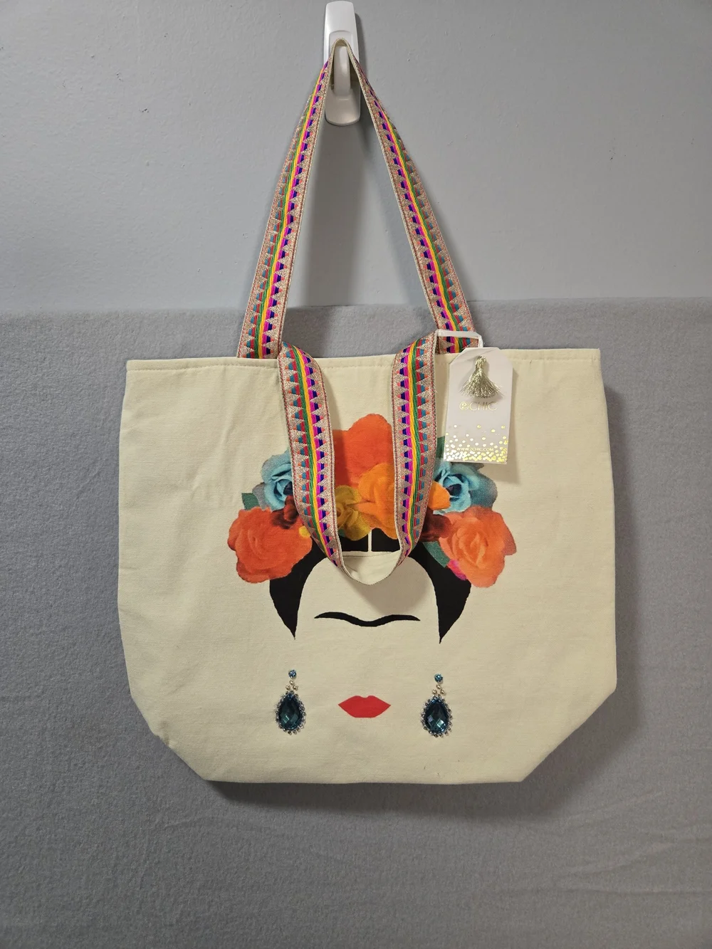Frida Inspired Colorful Fabric Tote Modern Classic 2 Chic With Earring Accents